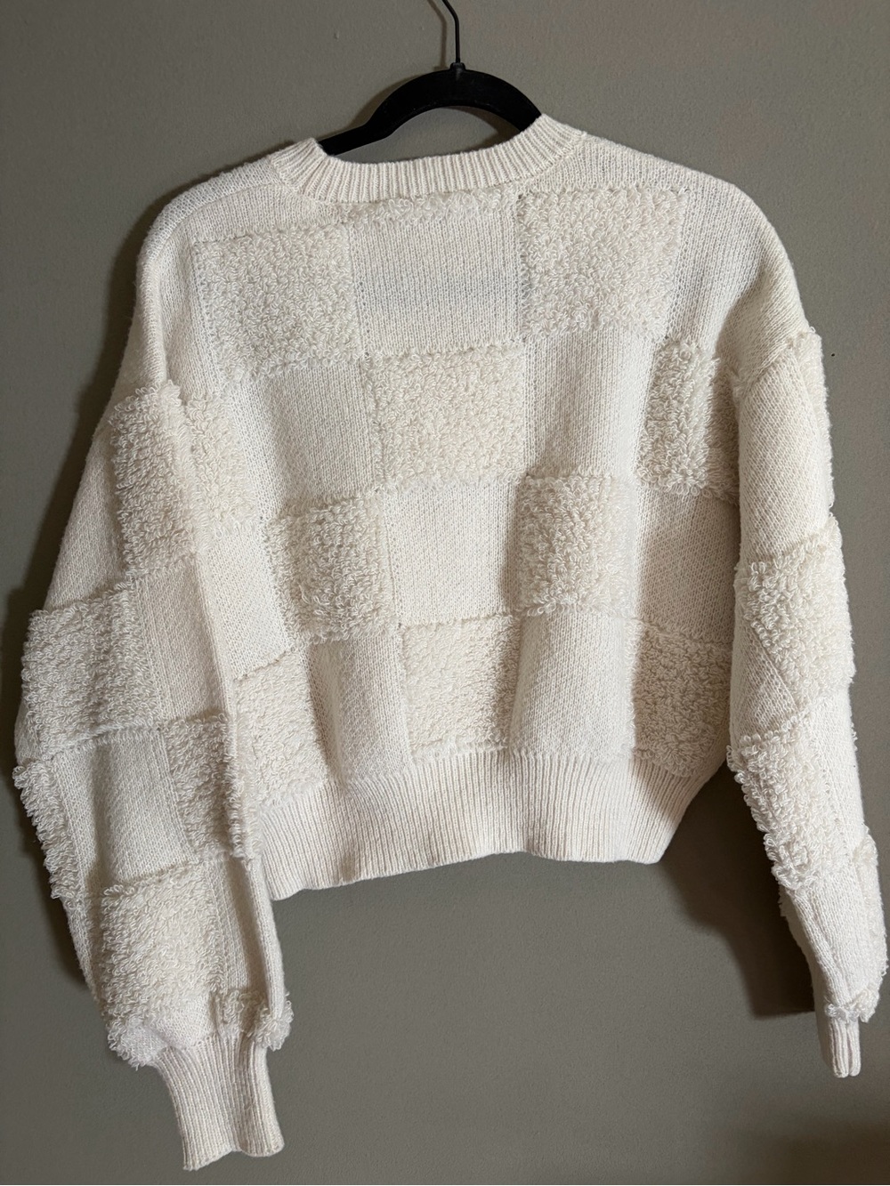 Altar’d State Cream Textured Checkerboard Sweater Cropped Balloon Sleeve Cozy - Picture 8 of 11